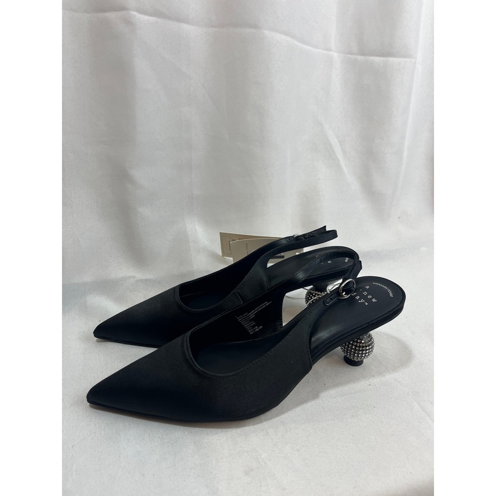 A New‎ Day Women Black Satin Rhinestone Disco Ball Heel Slingback Pumps Size 7
